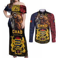 Chad Independence Day 1960 Couples Matching Off Shoulder Maxi Dress and Long Sleeve Button Shirt Tchad Goat and Lion African Pattern - Wonder Print Shop