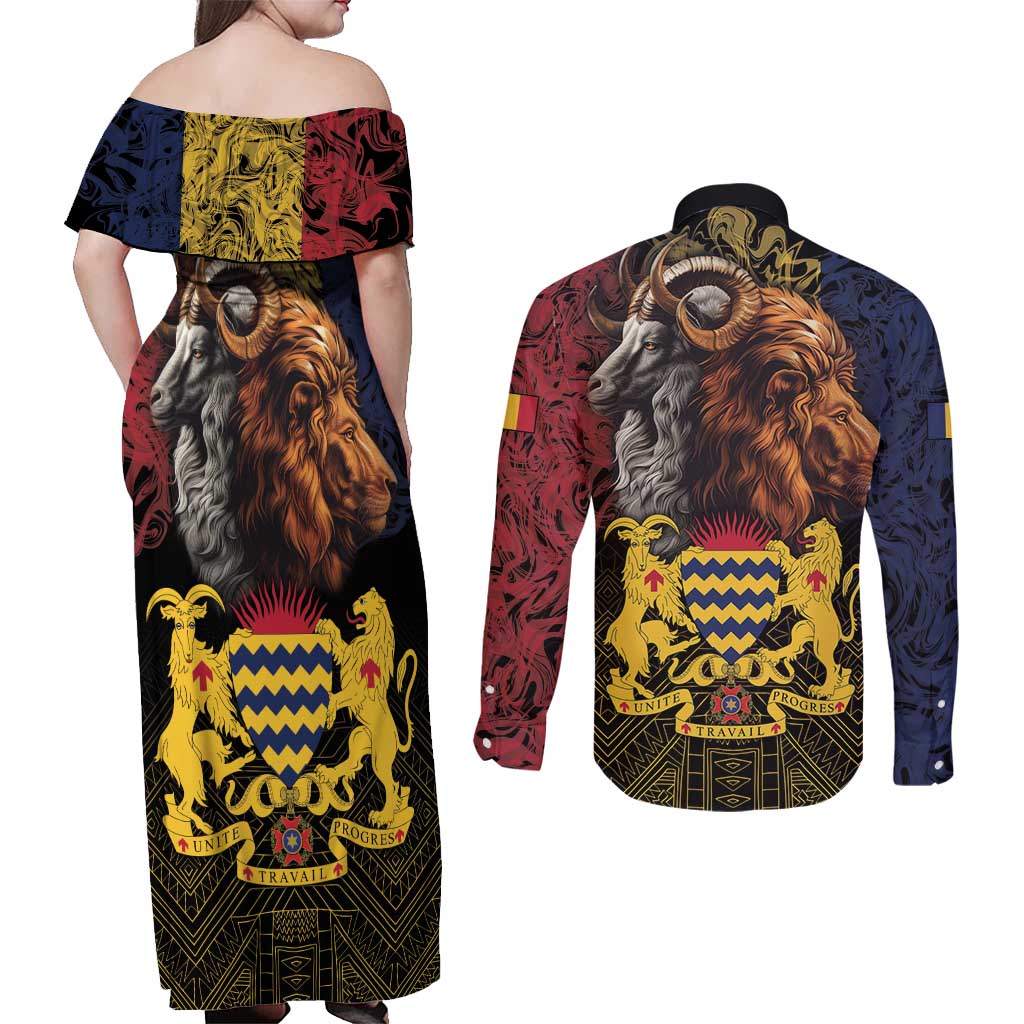 Chad Independence Day 1960 Couples Matching Off Shoulder Maxi Dress and Long Sleeve Button Shirt Tchad Goat and Lion African Pattern - Wonder Print Shop