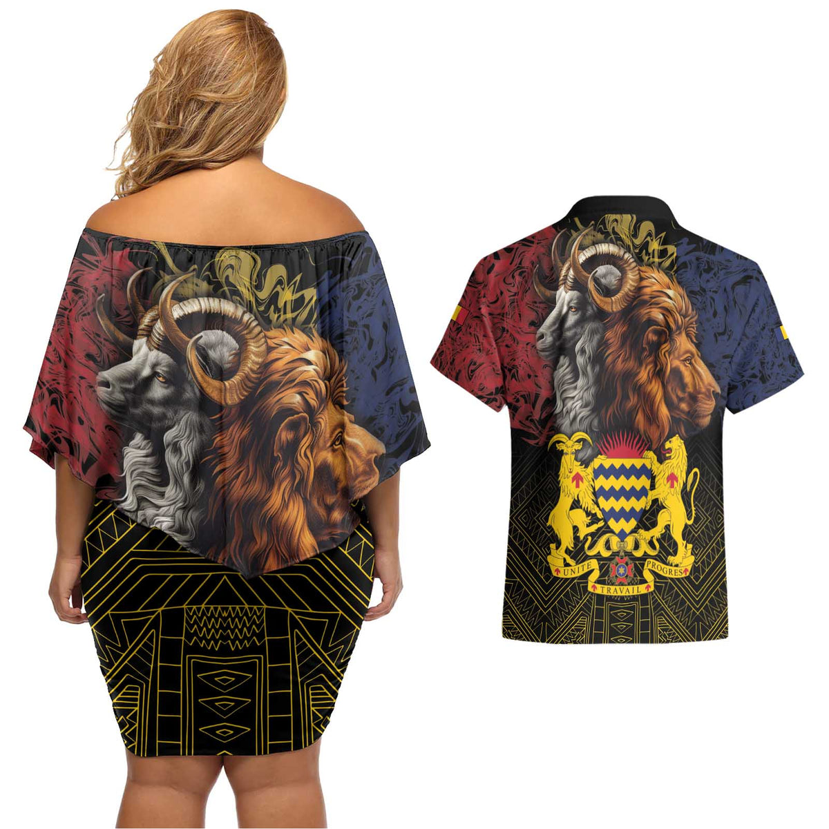 Chad Independence Day 1960 Couples Matching Off Shoulder Short Dress and Hawaiian Shirt Tchad Goat and Lion African Pattern - Wonder Print Shop