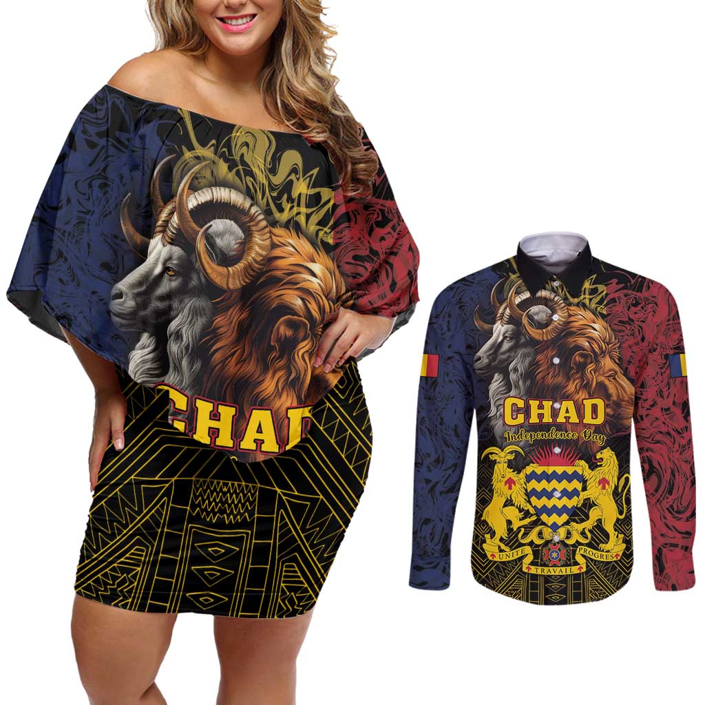 Chad Independence Day 1960 Couples Matching Off Shoulder Short Dress and Long Sleeve Button Shirt Tchad Goat and Lion African Pattern - Wonder Print Shop