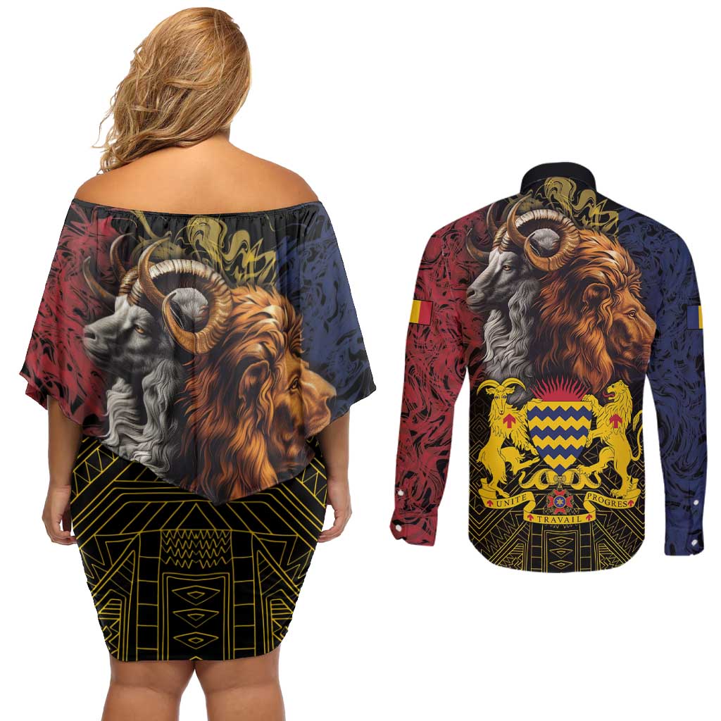 Chad Independence Day 1960 Couples Matching Off Shoulder Short Dress and Long Sleeve Button Shirt Tchad Goat and Lion African Pattern - Wonder Print Shop