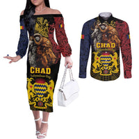 Chad Independence Day 1960 Couples Matching Off The Shoulder Long Sleeve Dress and Long Sleeve Button Shirt Tchad Goat and Lion African Pattern
