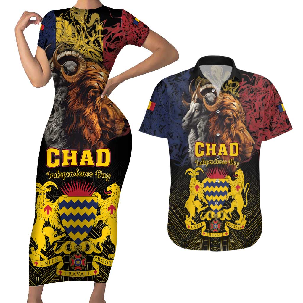 Chad Independence Day 1960 Couples Matching Short Sleeve Bodycon Dress and Hawaiian Shirt Tchad Goat and Lion African Pattern - Wonder Print Shop