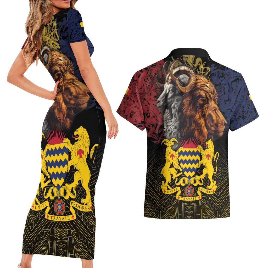 Chad Independence Day 1960 Couples Matching Short Sleeve Bodycon Dress and Hawaiian Shirt Tchad Goat and Lion African Pattern - Wonder Print Shop