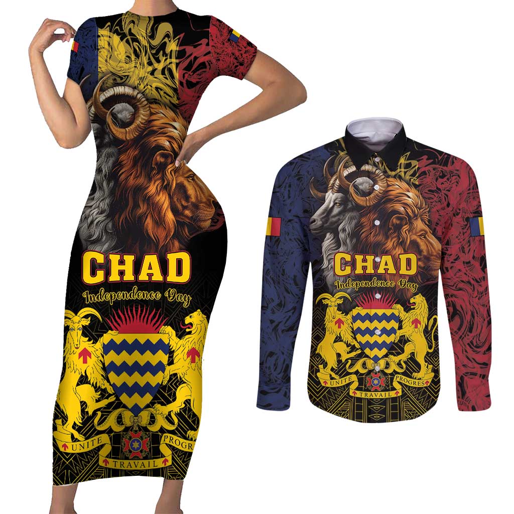 Chad Independence Day 1960 Couples Matching Short Sleeve Bodycon Dress and Long Sleeve Button Shirt Tchad Goat and Lion African Pattern - Wonder Print Shop