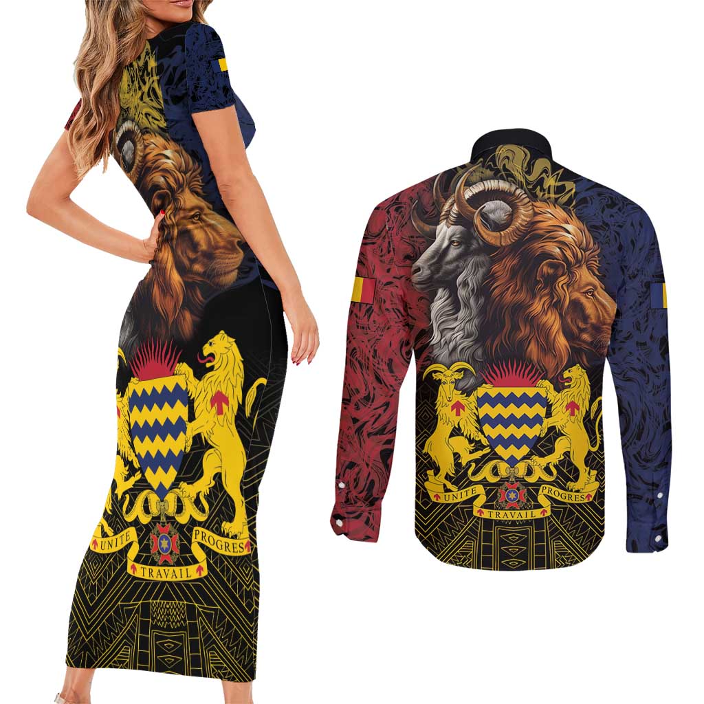Chad Independence Day 1960 Couples Matching Short Sleeve Bodycon Dress and Long Sleeve Button Shirt Tchad Goat and Lion African Pattern - Wonder Print Shop