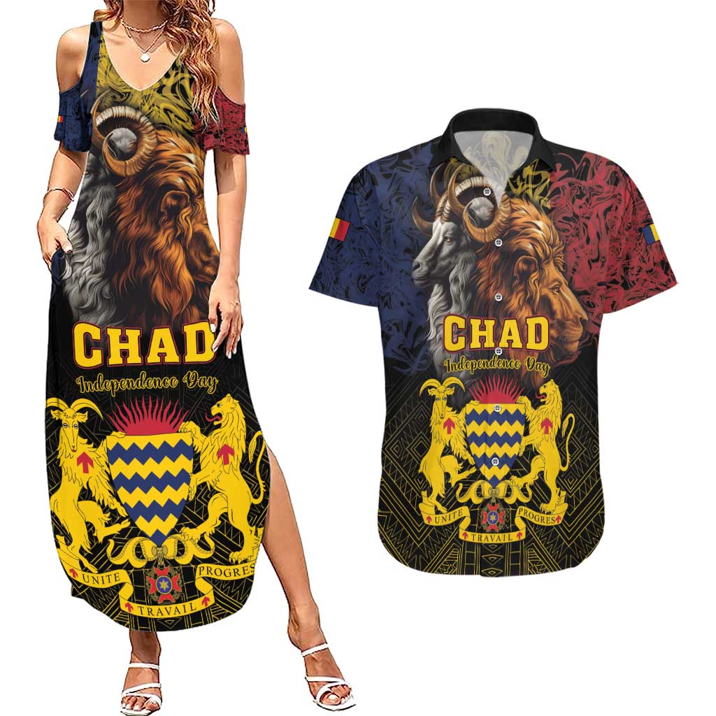 Chad Independence Day 1960 Couples Matching Summer Maxi Dress and Hawaiian Shirt Tchad Goat and Lion African Pattern - Wonder Print Shop