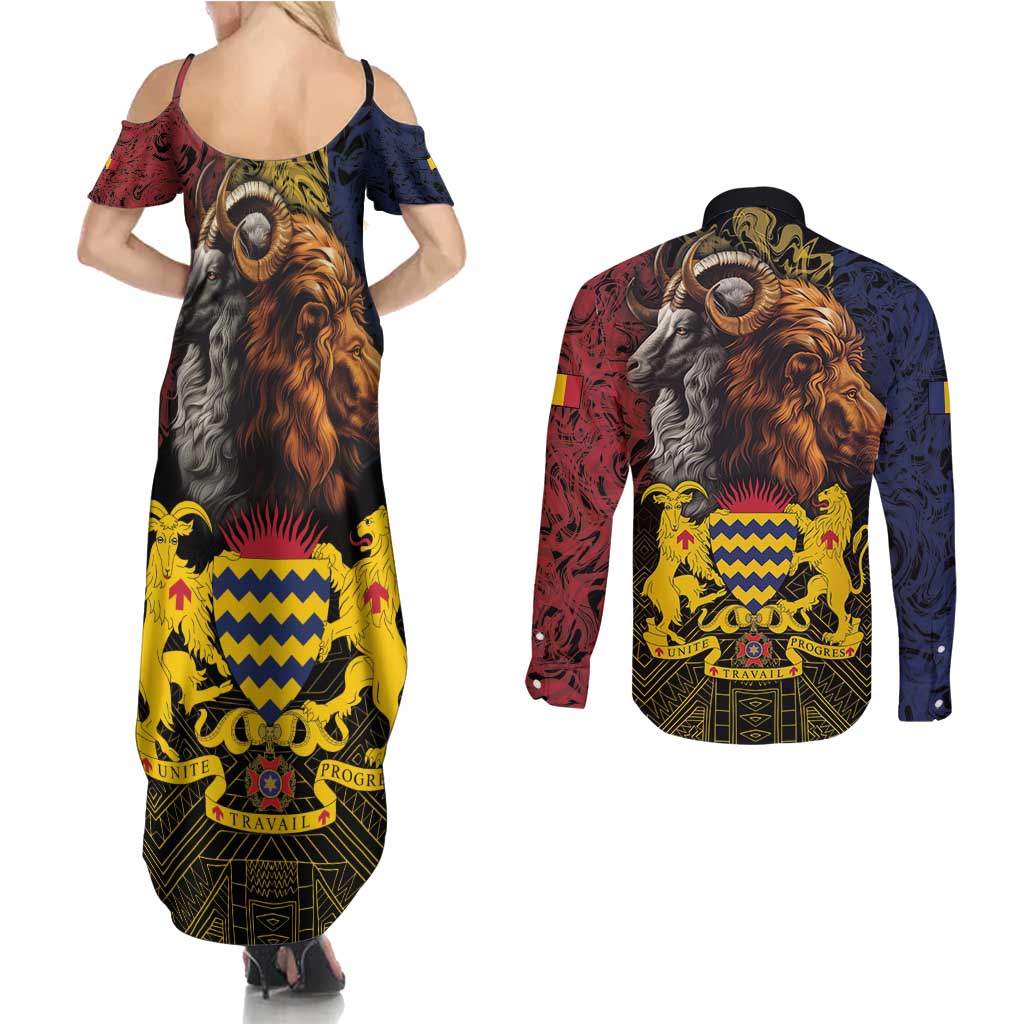 Chad Independence Day 1960 Couples Matching Summer Maxi Dress and Long Sleeve Button Shirt Tchad Goat and Lion African Pattern - Wonder Print Shop
