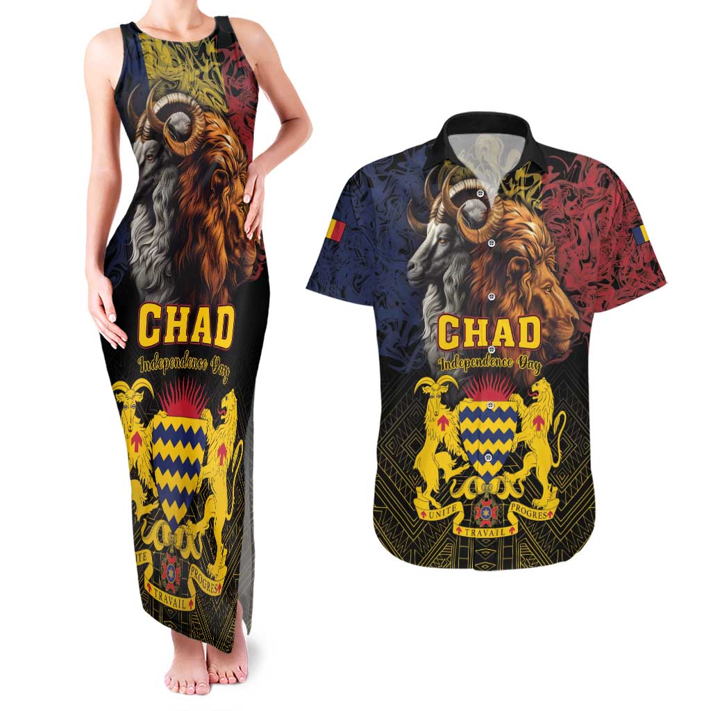 Chad Independence Day 1960 Couples Matching Tank Maxi Dress and Hawaiian Shirt Tchad Goat and Lion African Pattern - Wonder Print Shop