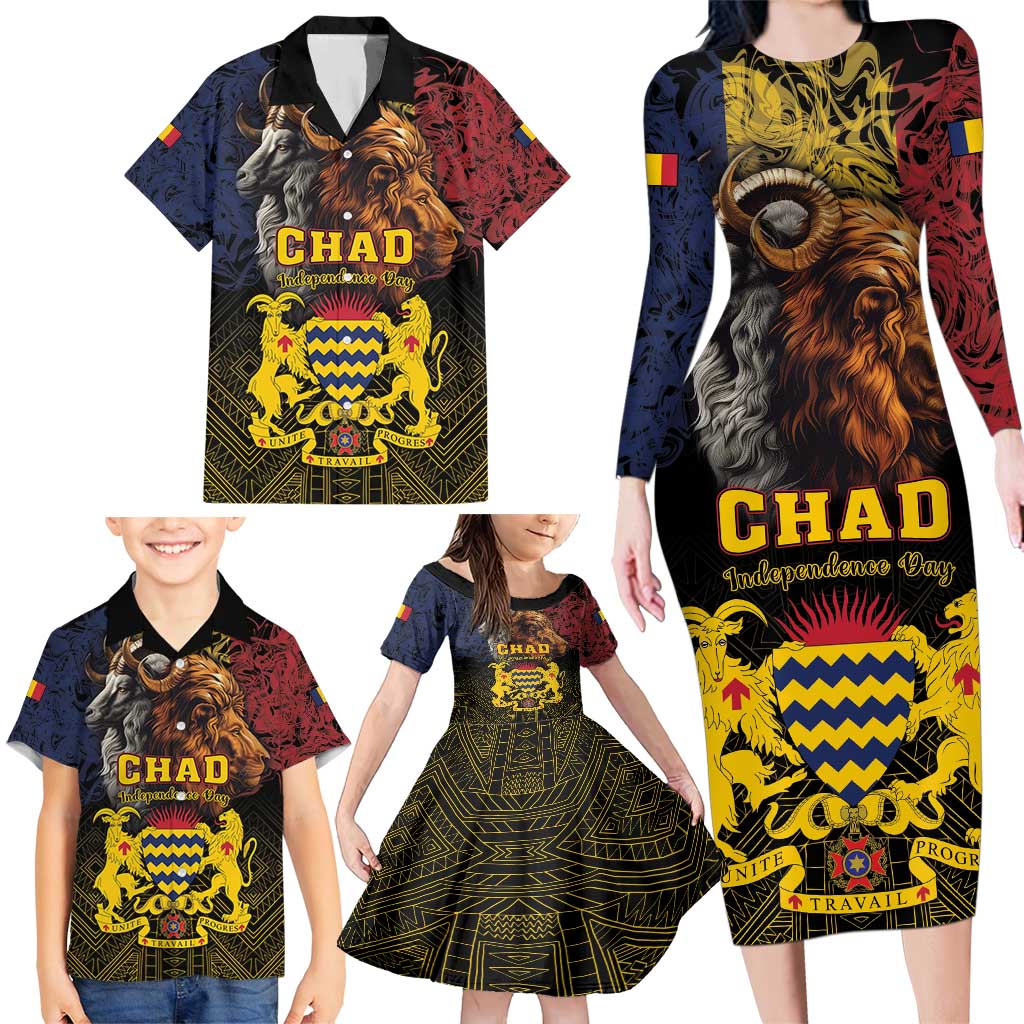 Chad Independence Day 1960 Family Matching Long Sleeve Bodycon Dress and Hawaiian Shirt Tchad Goat and Lion African Pattern - Wonder Print Shop