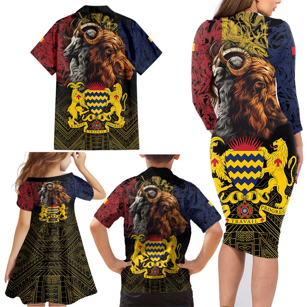 Chad Independence Day 1960 Family Matching Long Sleeve Bodycon Dress and Hawaiian Shirt Tchad Goat and Lion African Pattern - Wonder Print Shop