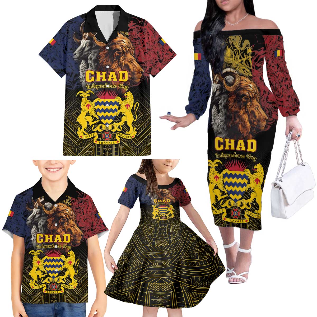 Chad Independence Day 1960 Family Matching Off The Shoulder Long Sleeve Dress and Hawaiian Shirt Tchad Goat and Lion African Pattern - Wonder Print Shop