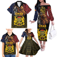 Chad Independence Day 1960 Family Matching Off The Shoulder Long Sleeve Dress and Hawaiian Shirt Tchad Goat and Lion African Pattern - Wonder Print Shop