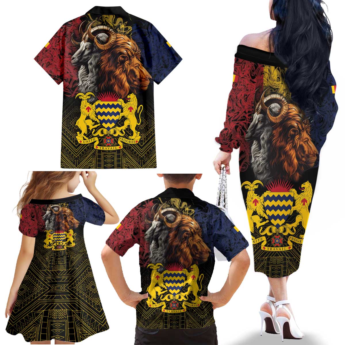 Chad Independence Day 1960 Family Matching Off The Shoulder Long Sleeve Dress and Hawaiian Shirt Tchad Goat and Lion African Pattern - Wonder Print Shop