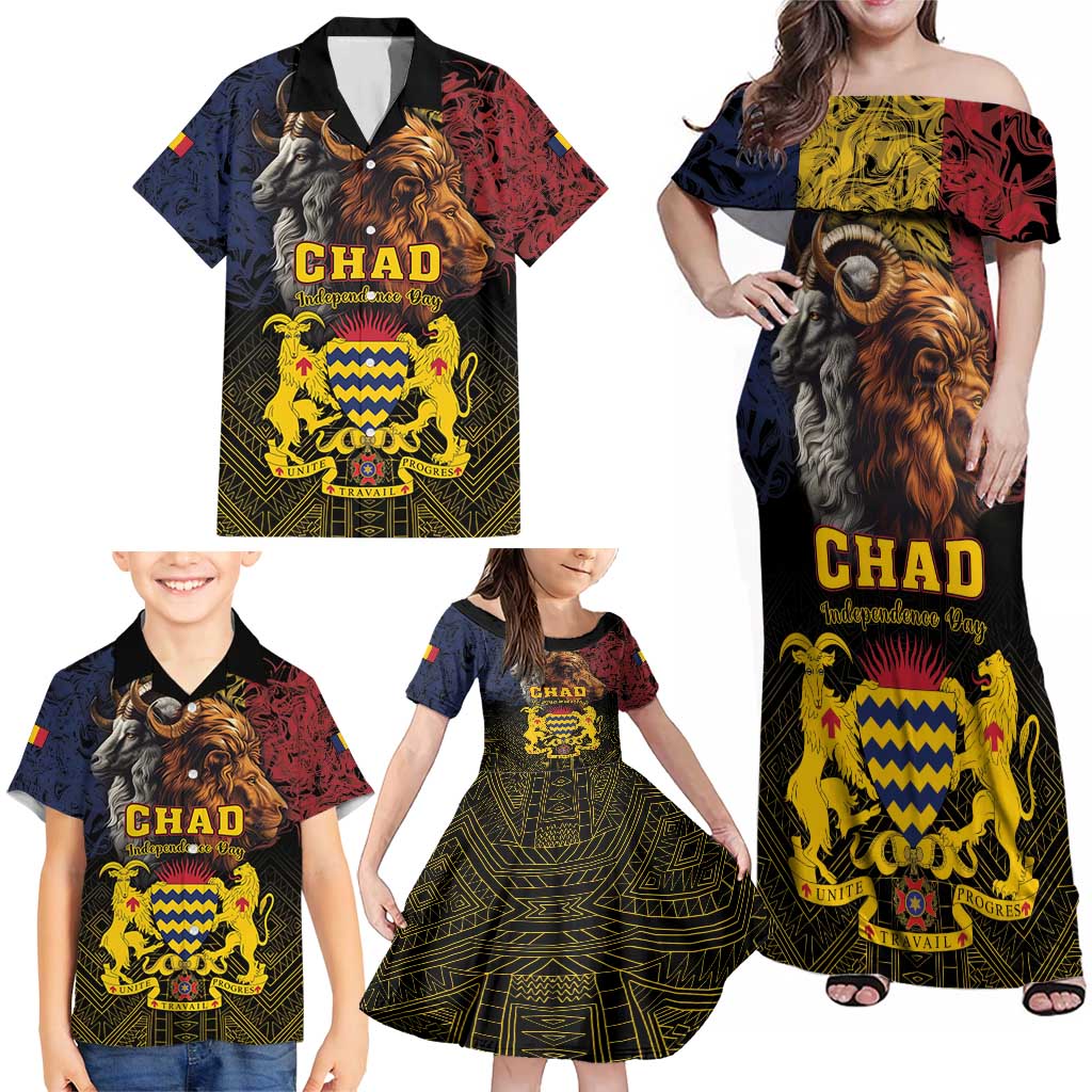 Chad Independence Day 1960 Family Matching Off Shoulder Maxi Dress and Hawaiian Shirt Tchad Goat and Lion African Pattern - Wonder Print Shop