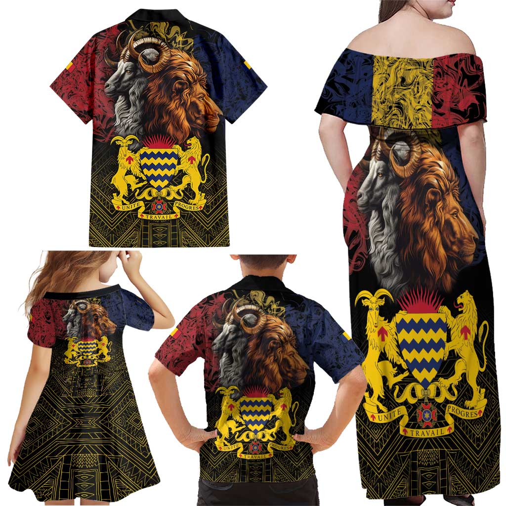 Chad Independence Day 1960 Family Matching Off Shoulder Maxi Dress and Hawaiian Shirt Tchad Goat and Lion African Pattern - Wonder Print Shop