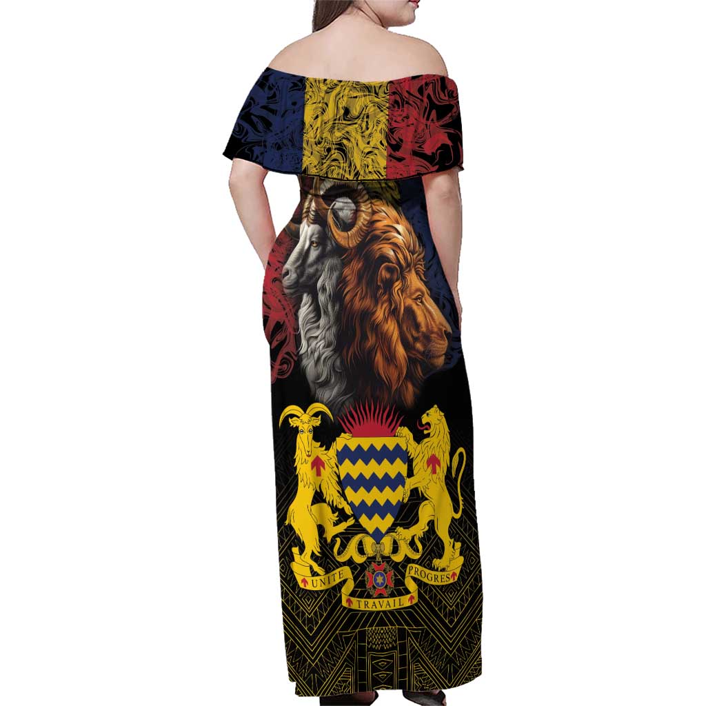 Chad Independence Day 1960 Family Matching Off Shoulder Maxi Dress and Hawaiian Shirt Tchad Goat and Lion African Pattern - Wonder Print Shop