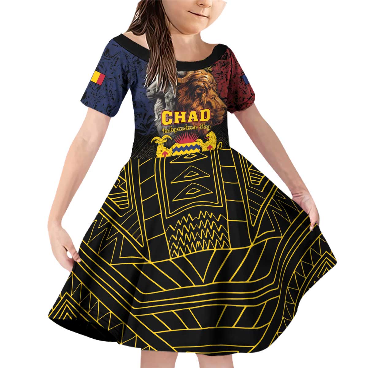 Chad Independence Day 1960 Family Matching Off Shoulder Short Dress and Hawaiian Shirt Tchad Goat and Lion African Pattern - Wonder Print Shop