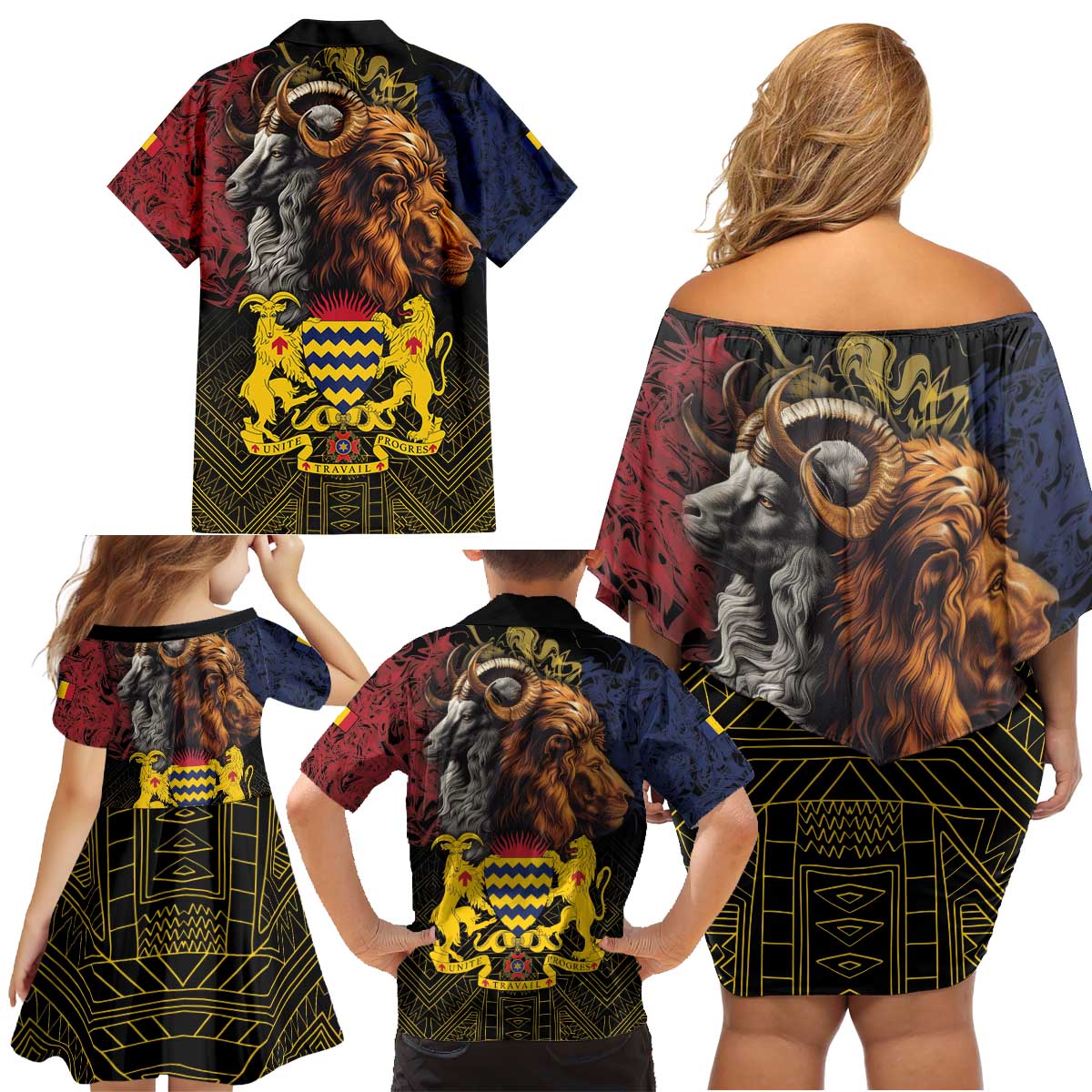 Chad Independence Day 1960 Family Matching Off Shoulder Short Dress and Hawaiian Shirt Tchad Goat and Lion African Pattern - Wonder Print Shop