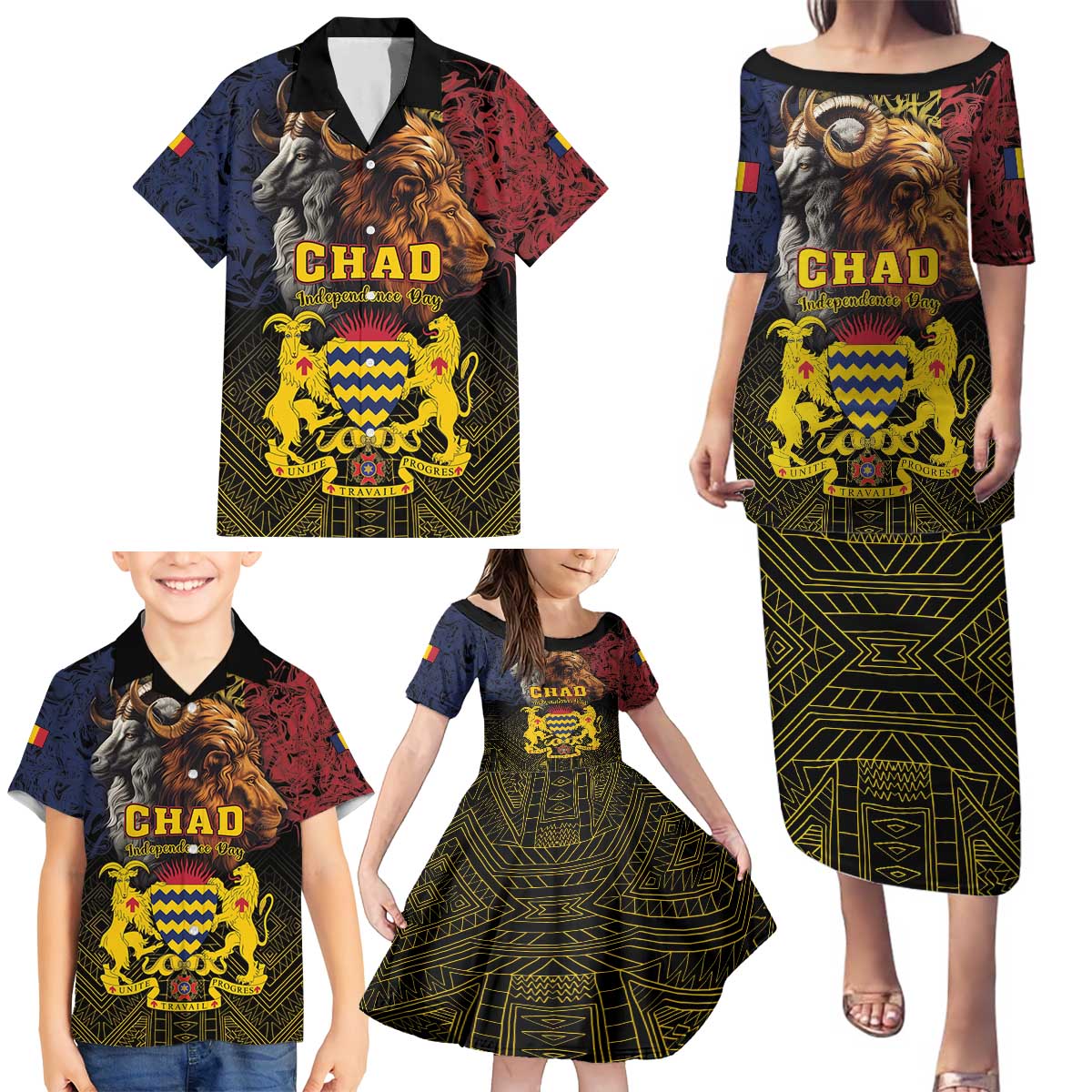Chad Independence Day 1960 Family Matching Puletasi and Hawaiian Shirt Tchad Goat and Lion African Pattern - Wonder Print Shop