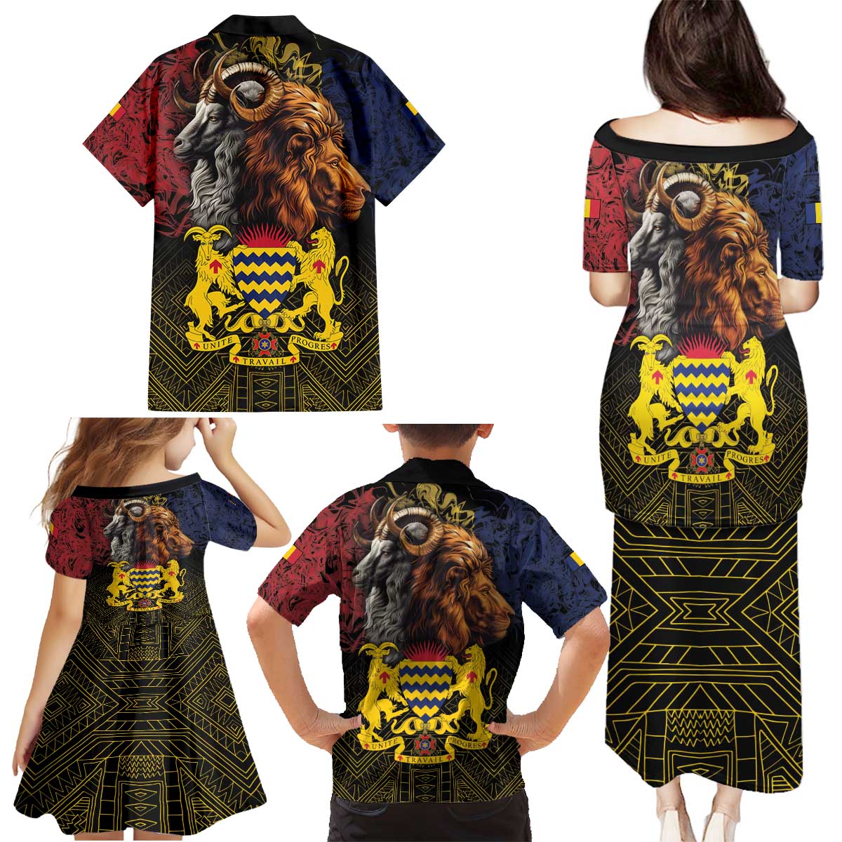 Chad Independence Day 1960 Family Matching Puletasi and Hawaiian Shirt Tchad Goat and Lion African Pattern - Wonder Print Shop