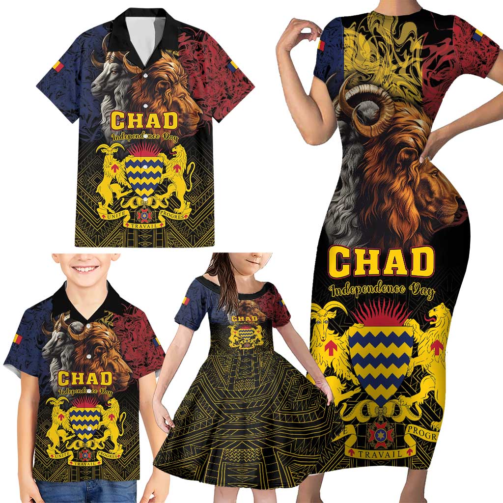 Chad Independence Day 1960 Family Matching Short Sleeve Bodycon Dress and Hawaiian Shirt Tchad Goat and Lion African Pattern - Wonder Print Shop