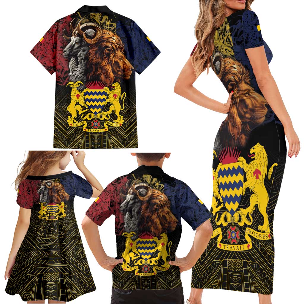 Chad Independence Day 1960 Family Matching Short Sleeve Bodycon Dress and Hawaiian Shirt Tchad Goat and Lion African Pattern - Wonder Print Shop