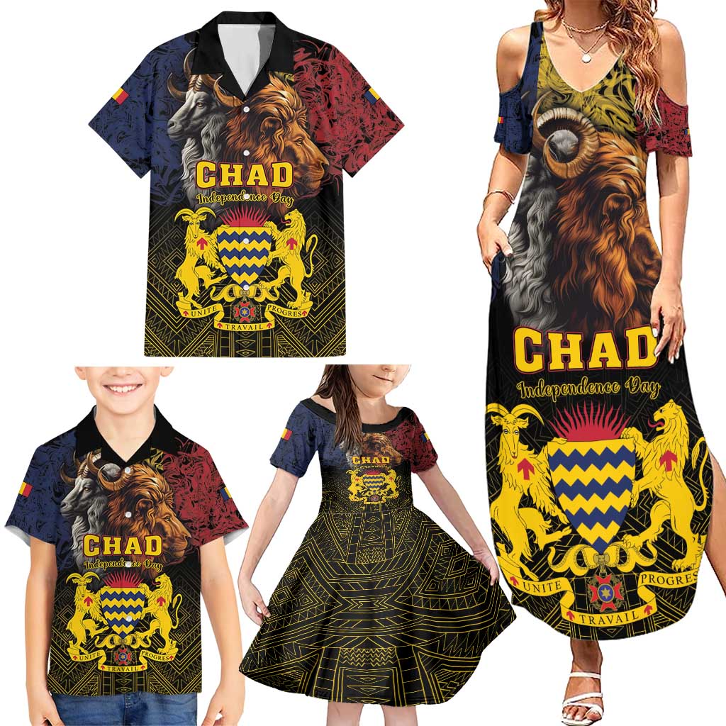 Chad Independence Day 1960 Family Matching Summer Maxi Dress and Hawaiian Shirt Tchad Goat and Lion African Pattern - Wonder Print Shop