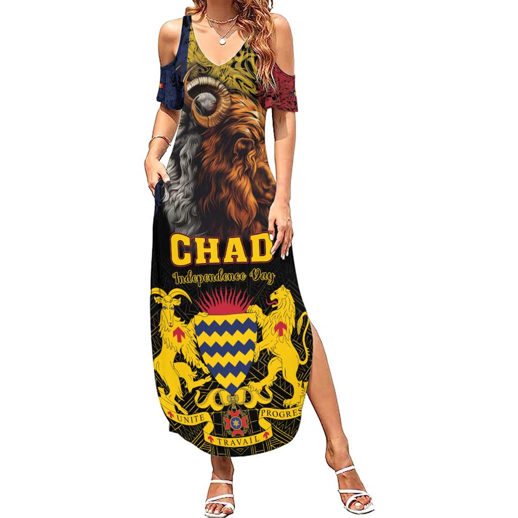 Chad Independence Day 1960 Family Matching Summer Maxi Dress and Hawaiian Shirt Tchad Goat and Lion African Pattern - Wonder Print Shop