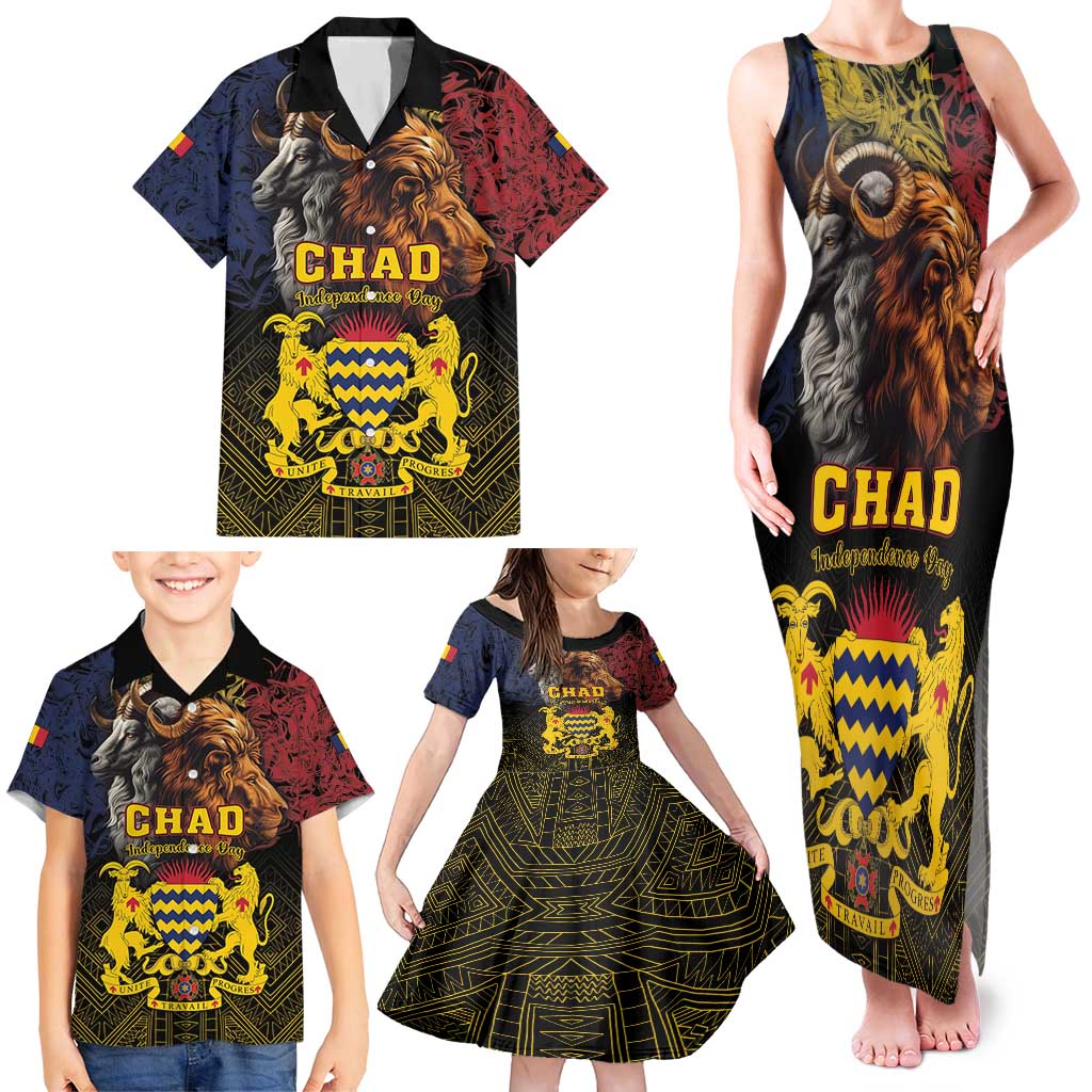 Chad Independence Day 1960 Family Matching Tank Maxi Dress and Hawaiian Shirt Tchad Goat and Lion African Pattern - Wonder Print Shop