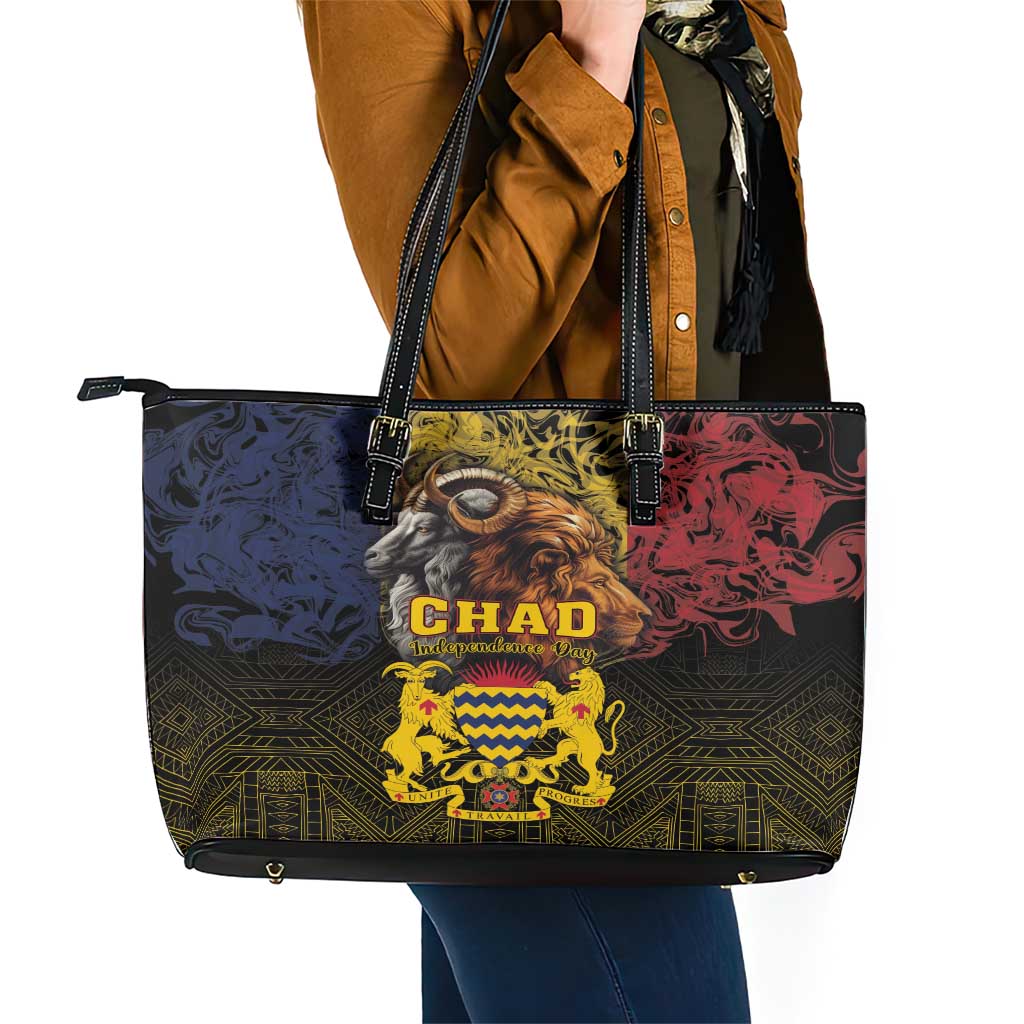 Chad Independence Day 1960 Leather Tote Bag Tchad Goat and Lion African Pattern - Wonder Print Shop