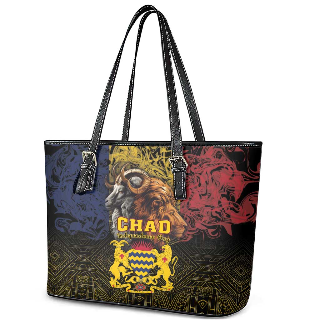 Chad Independence Day 1960 Leather Tote Bag Tchad Goat and Lion African Pattern - Wonder Print Shop