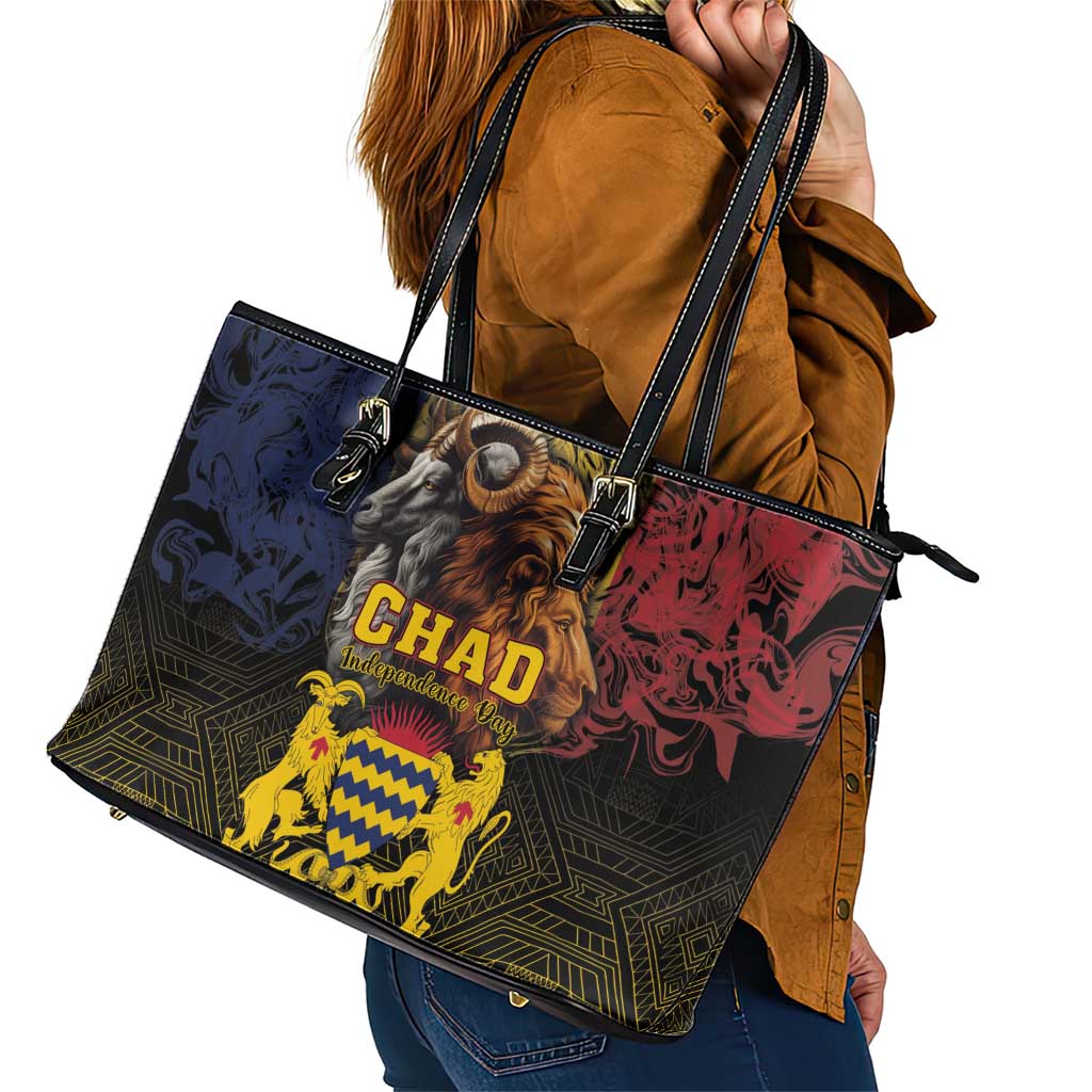 Chad Independence Day 1960 Leather Tote Bag Tchad Goat and Lion African Pattern - Wonder Print Shop