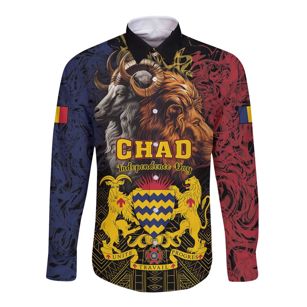 Chad Independence Day 1960 Long Sleeve Button Shirt Tchad Goat and Lion African Pattern - Wonder Print Shop