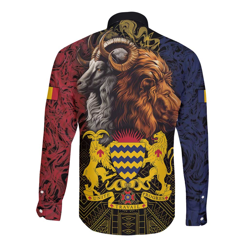 Chad Independence Day 1960 Long Sleeve Button Shirt Tchad Goat and Lion African Pattern - Wonder Print Shop