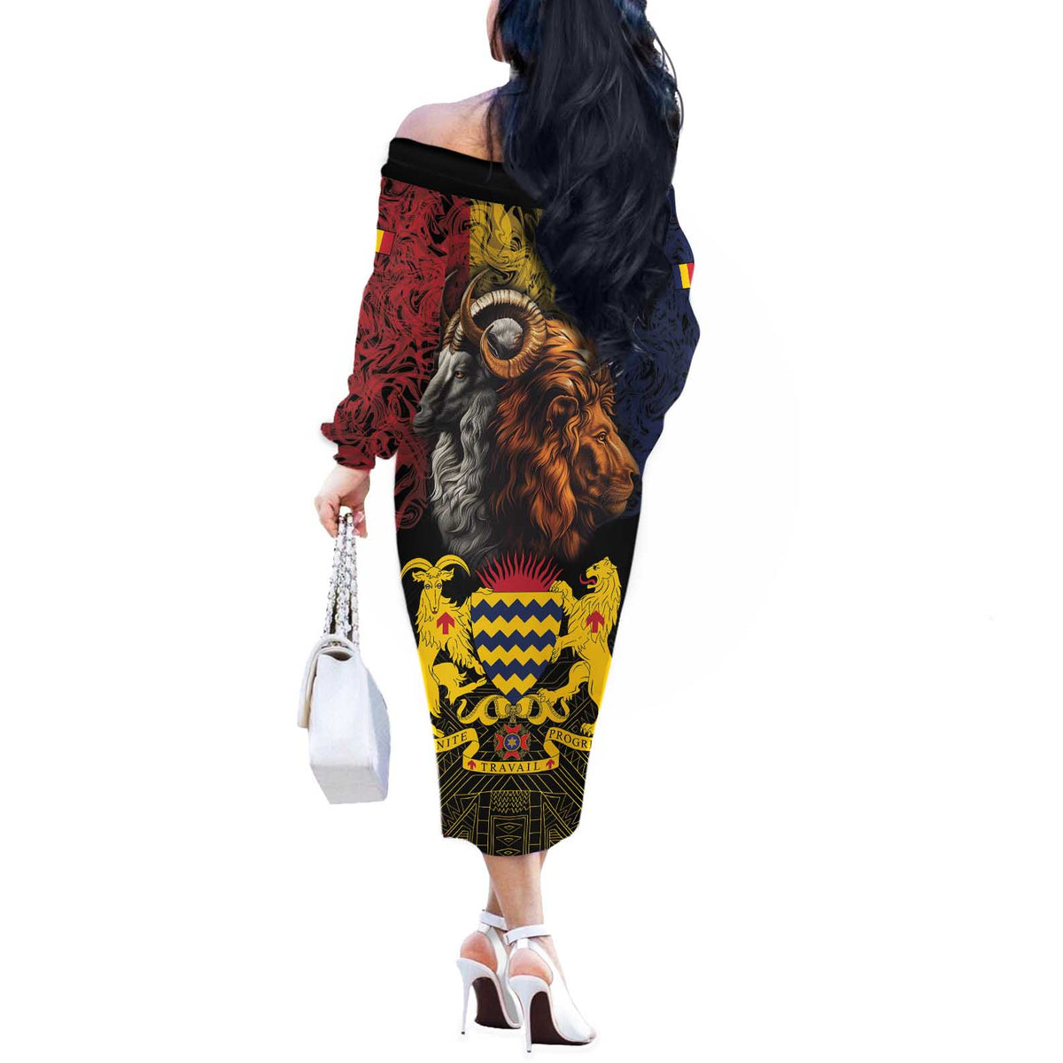 Chad Independence Day 1960 Off The Shoulder Long Sleeve Dress Tchad Goat and Lion African Pattern - Wonder Print Shop