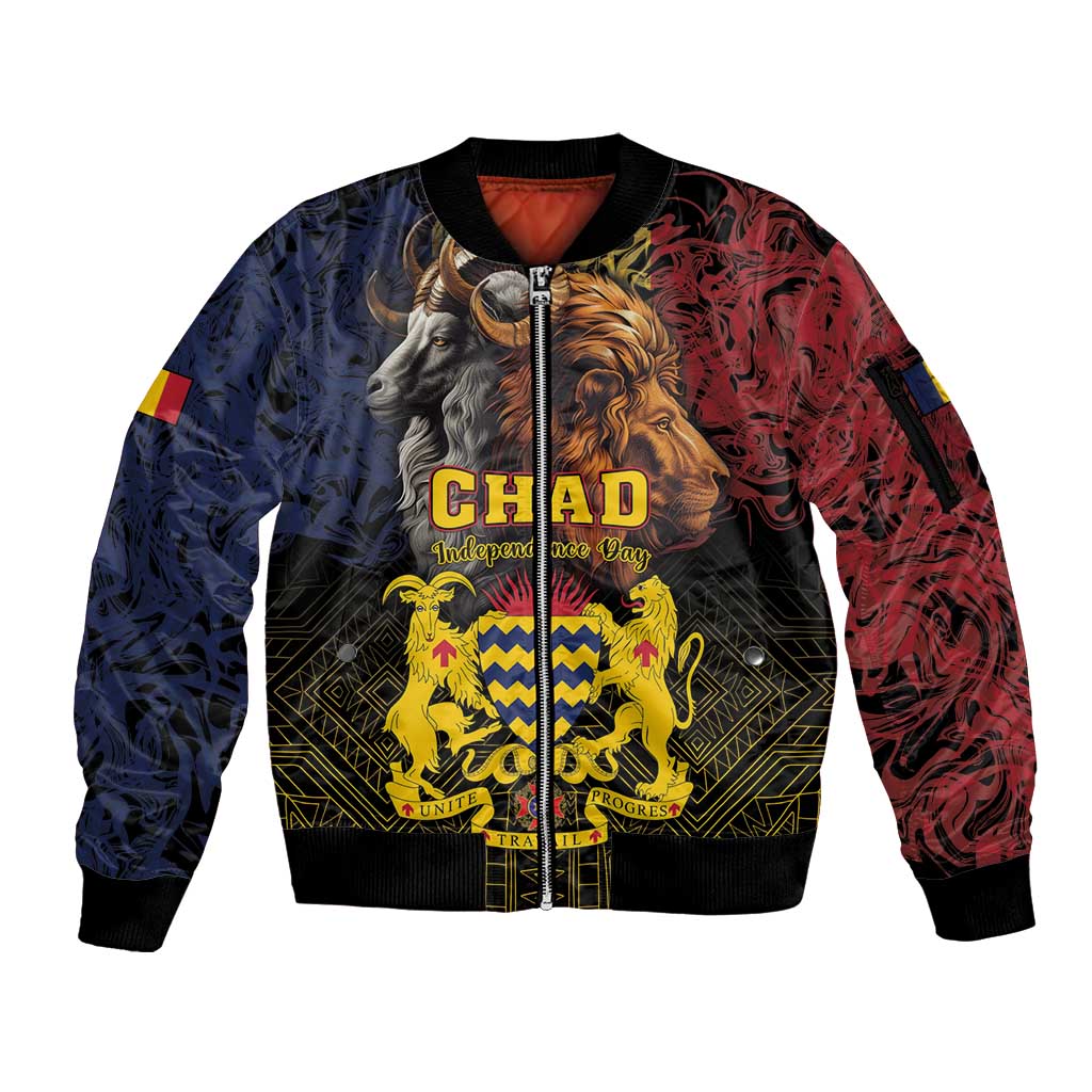 Chad Independence Day 1960 Sleeve Zip Bomber Jacket Tchad Goat and Lion African Pattern - Wonder Print Shop