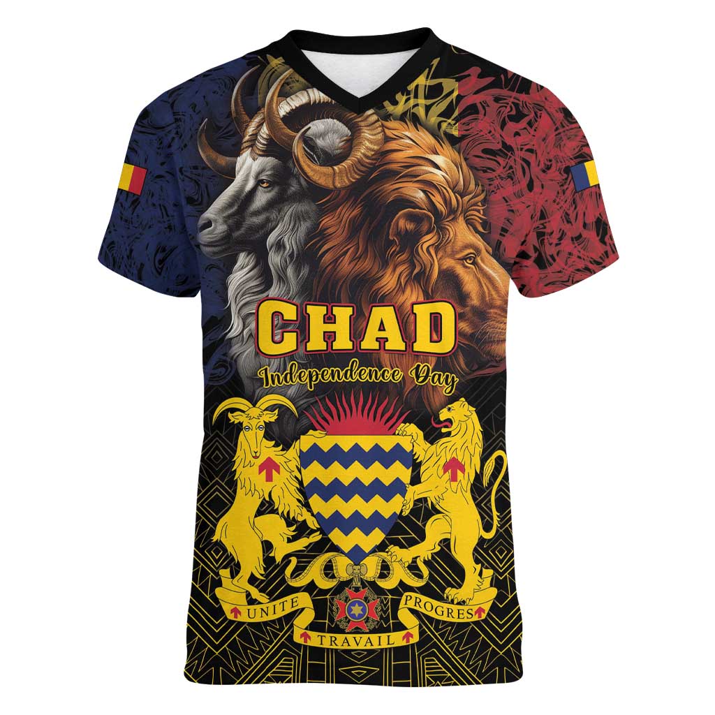 Chad Independence Day 1960 Women V-Neck T-Shirt Tchad Goat and Lion African Pattern - Wonder Print Shop
