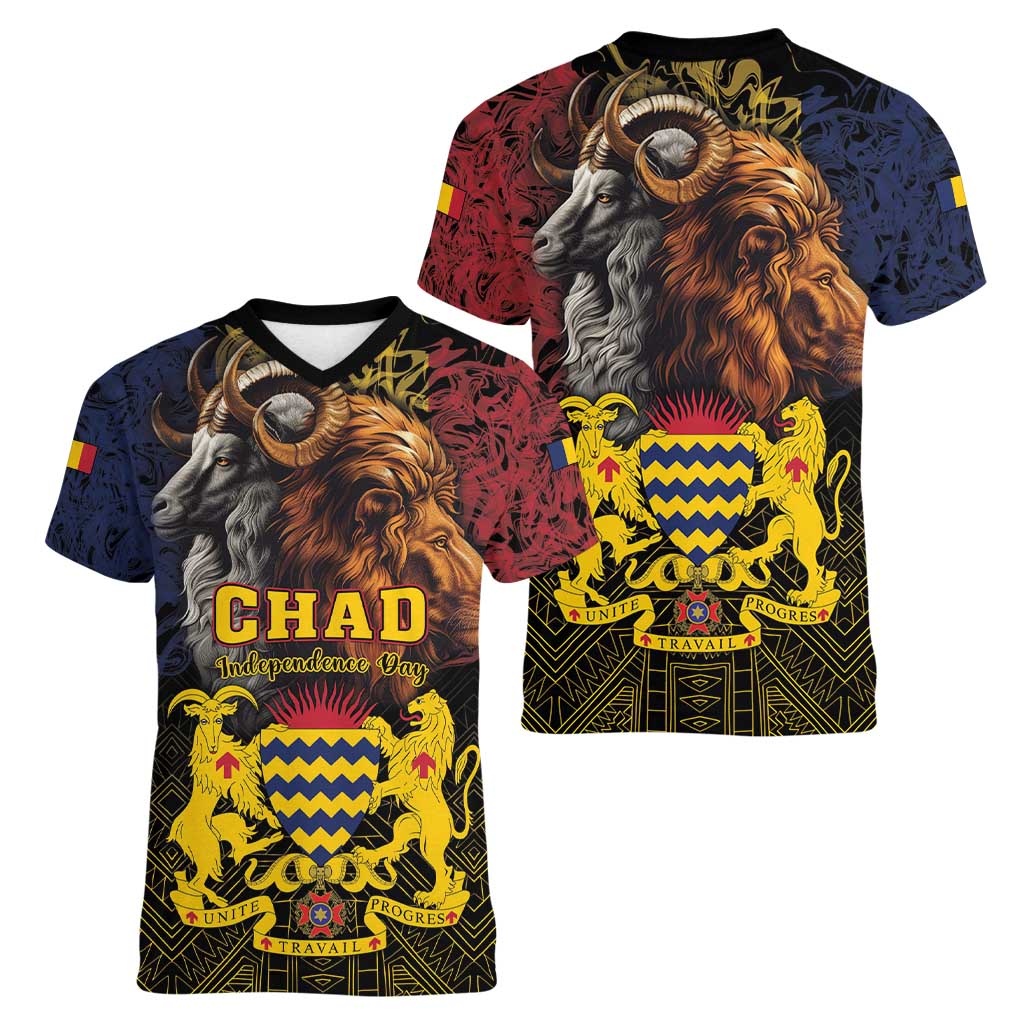 Chad Independence Day 1960 Women V-Neck T-Shirt Tchad Goat and Lion African Pattern - Wonder Print Shop