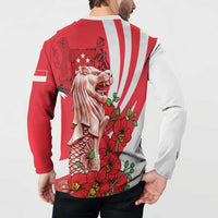 Singapore Button Sweatshirt The Merlion With Red Orchid - Wonder Print Shop