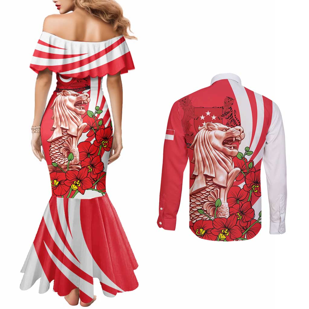 Singapore Couples Matching Mermaid Dress and Long Sleeve Button Shirt The Merlion With Red Orchid