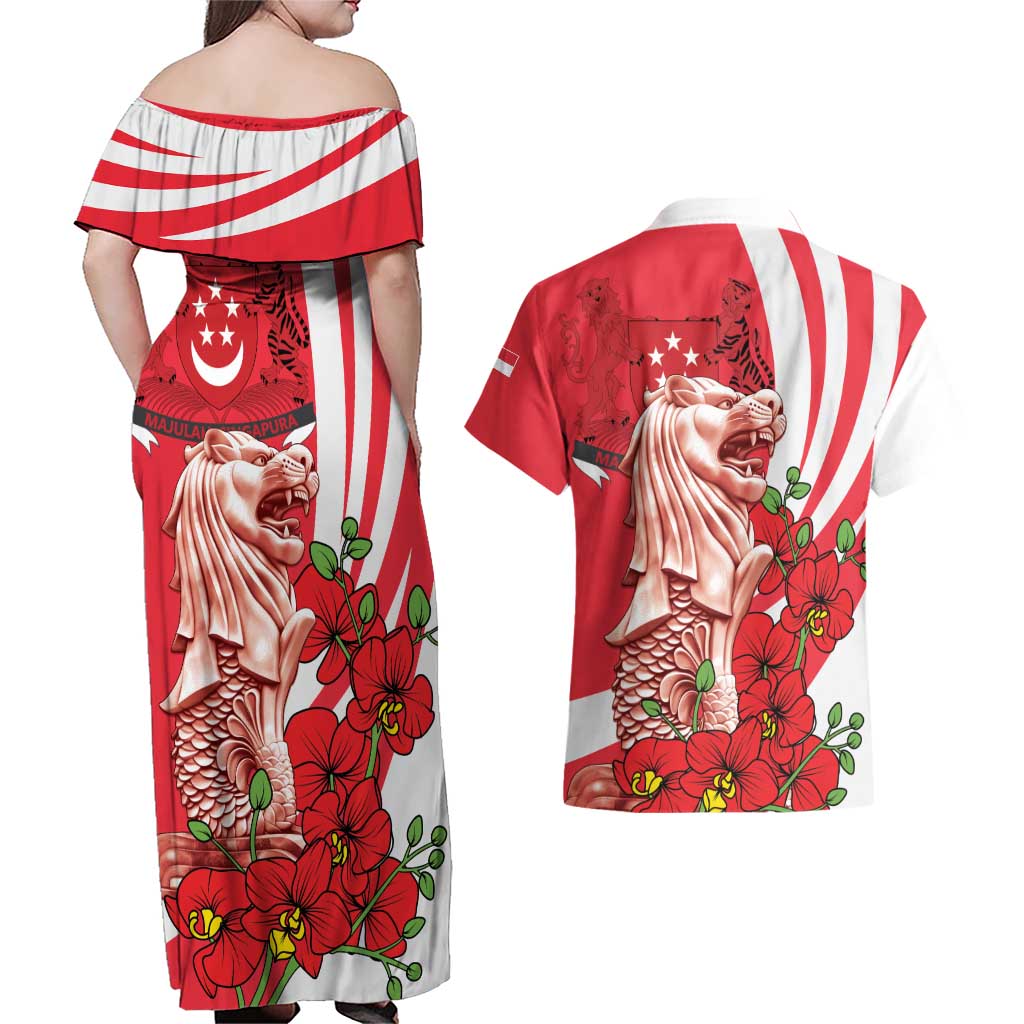 Singapore Couples Matching Off Shoulder Maxi Dress and Hawaiian Shirt The Merlion With Red Orchid - Wonder Print Shop