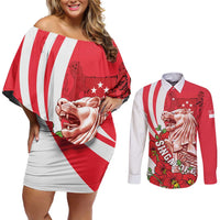 Singapore Couples Matching Off Shoulder Short Dress and Long Sleeve Button Shirt The Merlion With Red Orchid - Wonder Print Shop