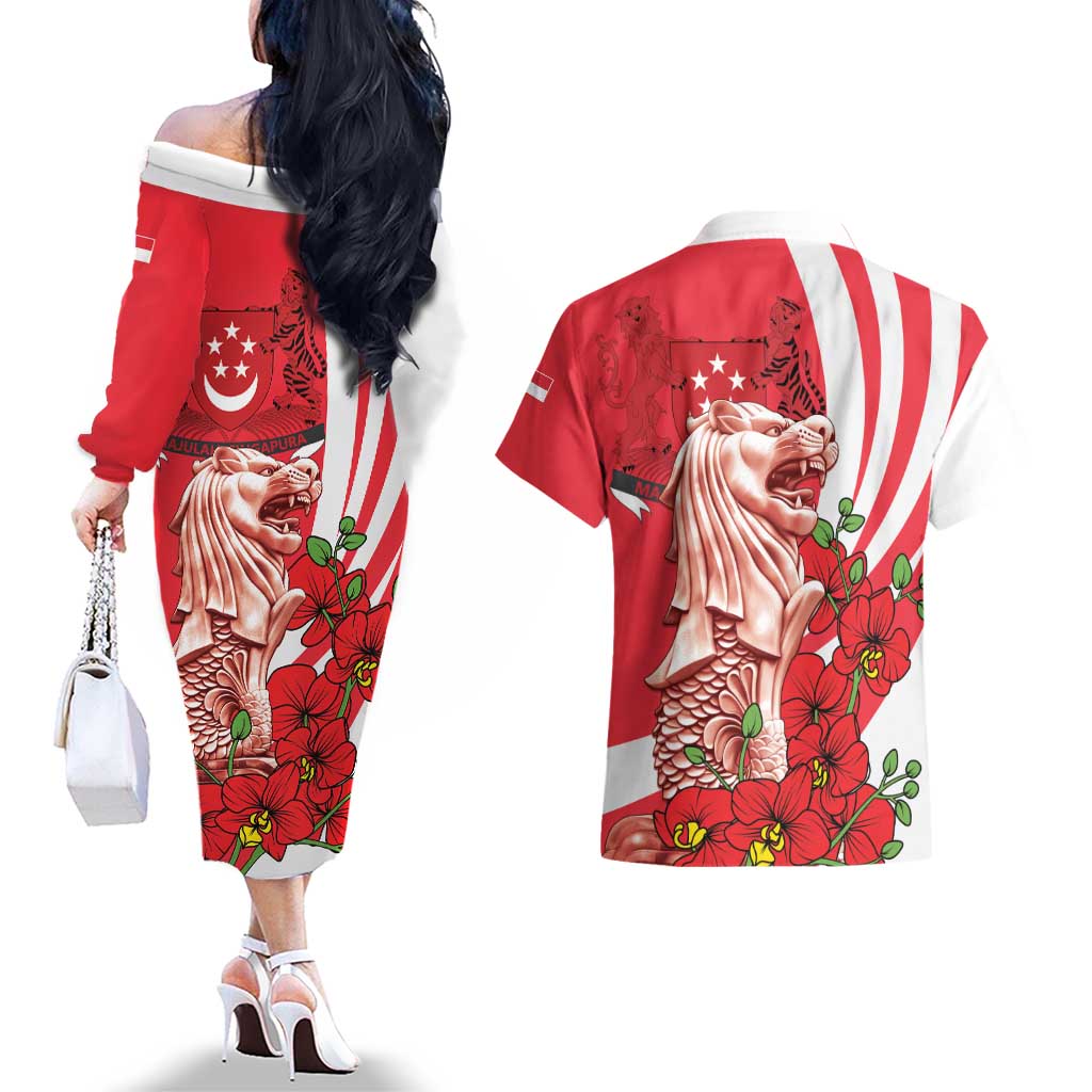 Singapore Couples Matching Off The Shoulder Long Sleeve Dress and Hawaiian Shirt The Merlion With Red Orchid - Wonder Print Shop