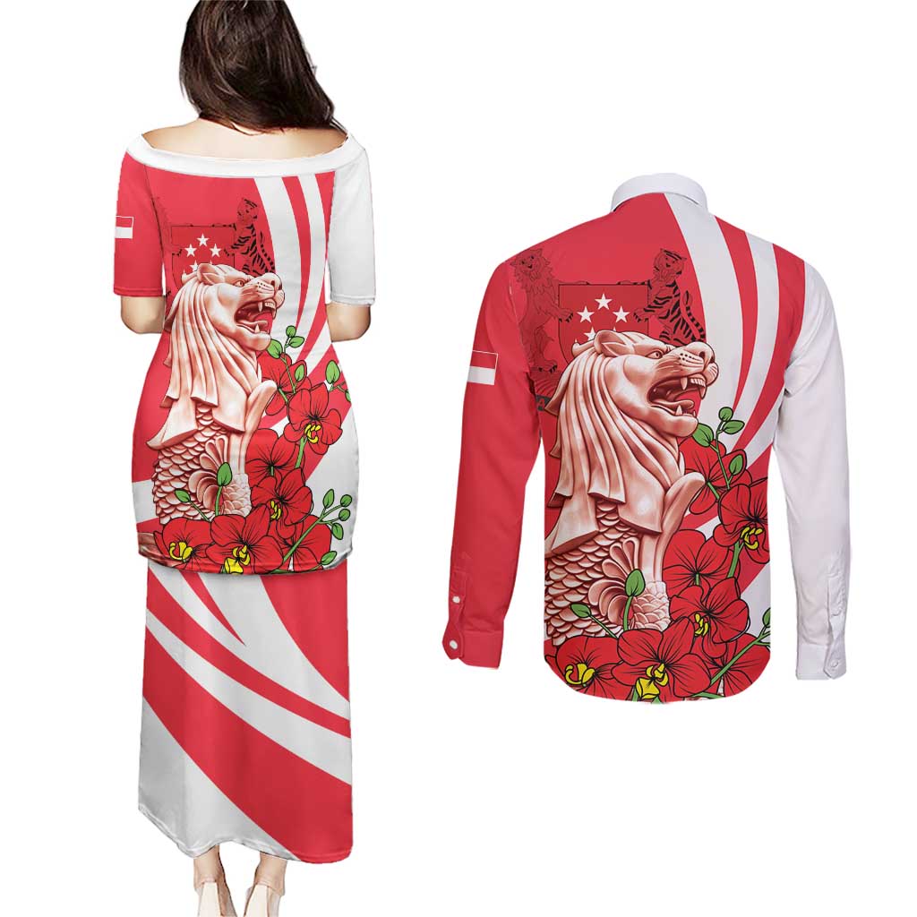 Singapore Couples Matching Puletasi and Long Sleeve Button Shirt The Merlion With Red Orchid - Wonder Print Shop