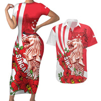 Singapore Couples Matching Short Sleeve Bodycon Dress and Hawaiian Shirt The Merlion With Red Orchid - Wonder Print Shop