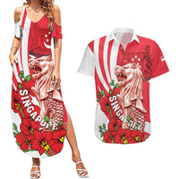 Singapore Couples Matching Summer Maxi Dress and Hawaiian Shirt The Merlion With Red Orchid - Wonder Print Shop
