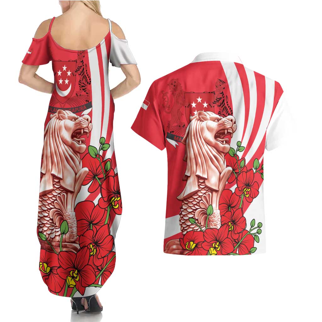 Singapore Couples Matching Summer Maxi Dress and Hawaiian Shirt The Merlion With Red Orchid - Wonder Print Shop