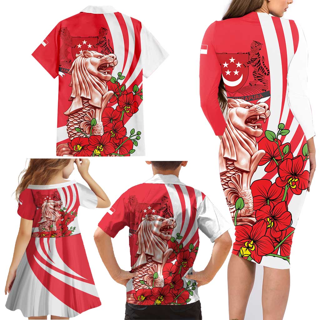 Singapore Family Matching Long Sleeve Bodycon Dress and Hawaiian Shirt The Merlion With Red Orchid - Wonder Print Shop
