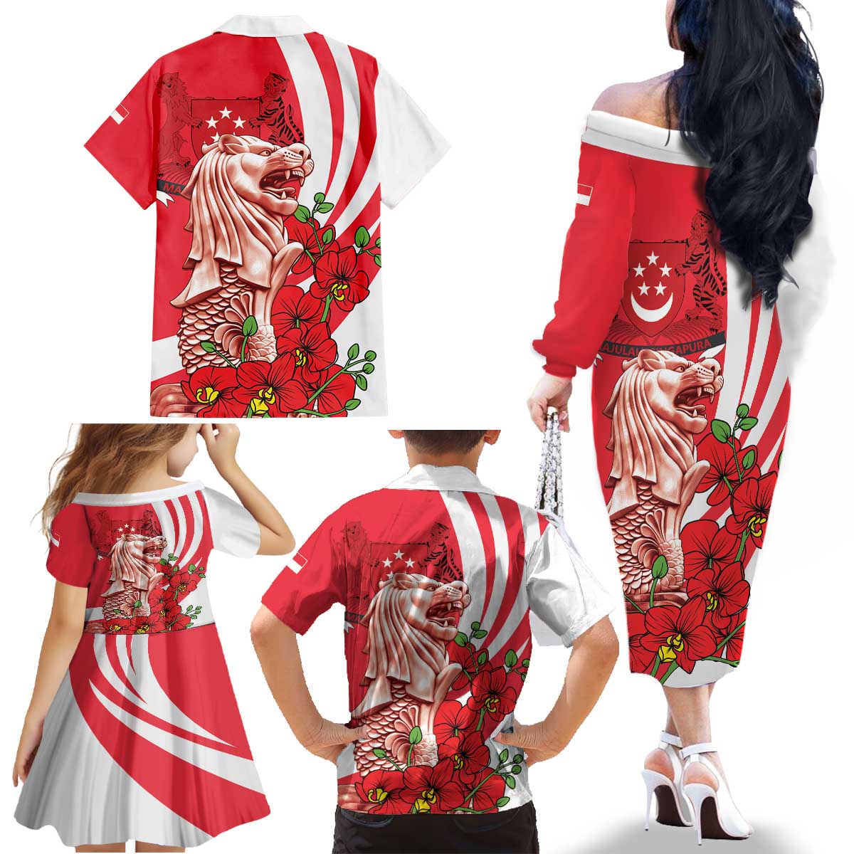 Singapore Family Matching Off The Shoulder Long Sleeve Dress and Hawaiian Shirt The Merlion With Red Orchid - Wonder Print Shop